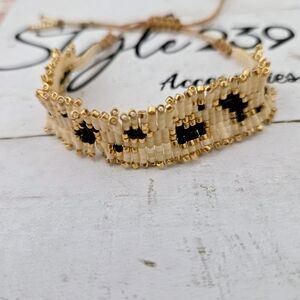 Miyuki Gold & Cream Adjustable Bracelet with Black Accent